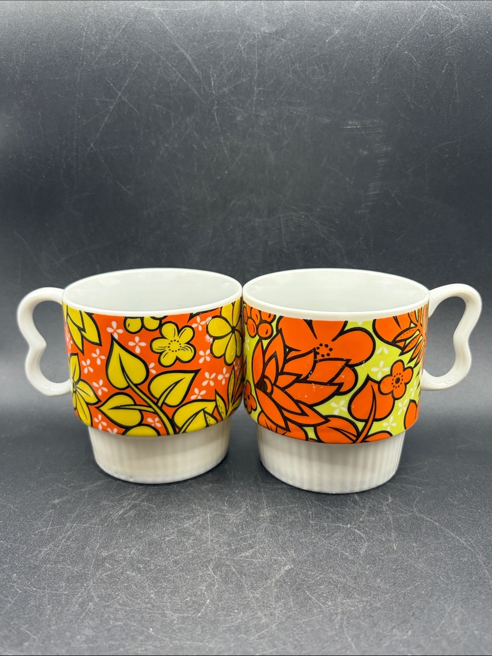 Vintage 1970s Groovy Floral Pattern Stackable Ceramic Coffee Cups Tea Mugs Set 2